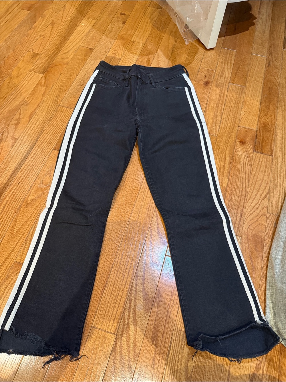 Mother Insider Crop Step Fray Black Jeans with Double White Stripe, Size 27